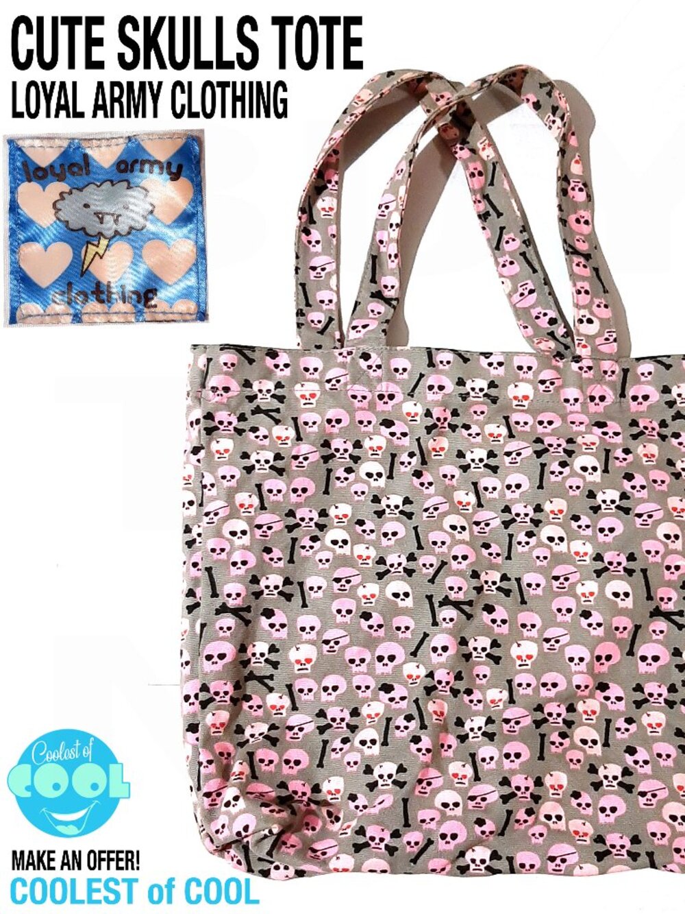 Loyal Army Clothing tote bag cute pink cartoon skulls on grey 2 inner pocket bag